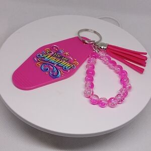 Pink 'You Are Amazing' Keychain with Beaded Loop & Tassel